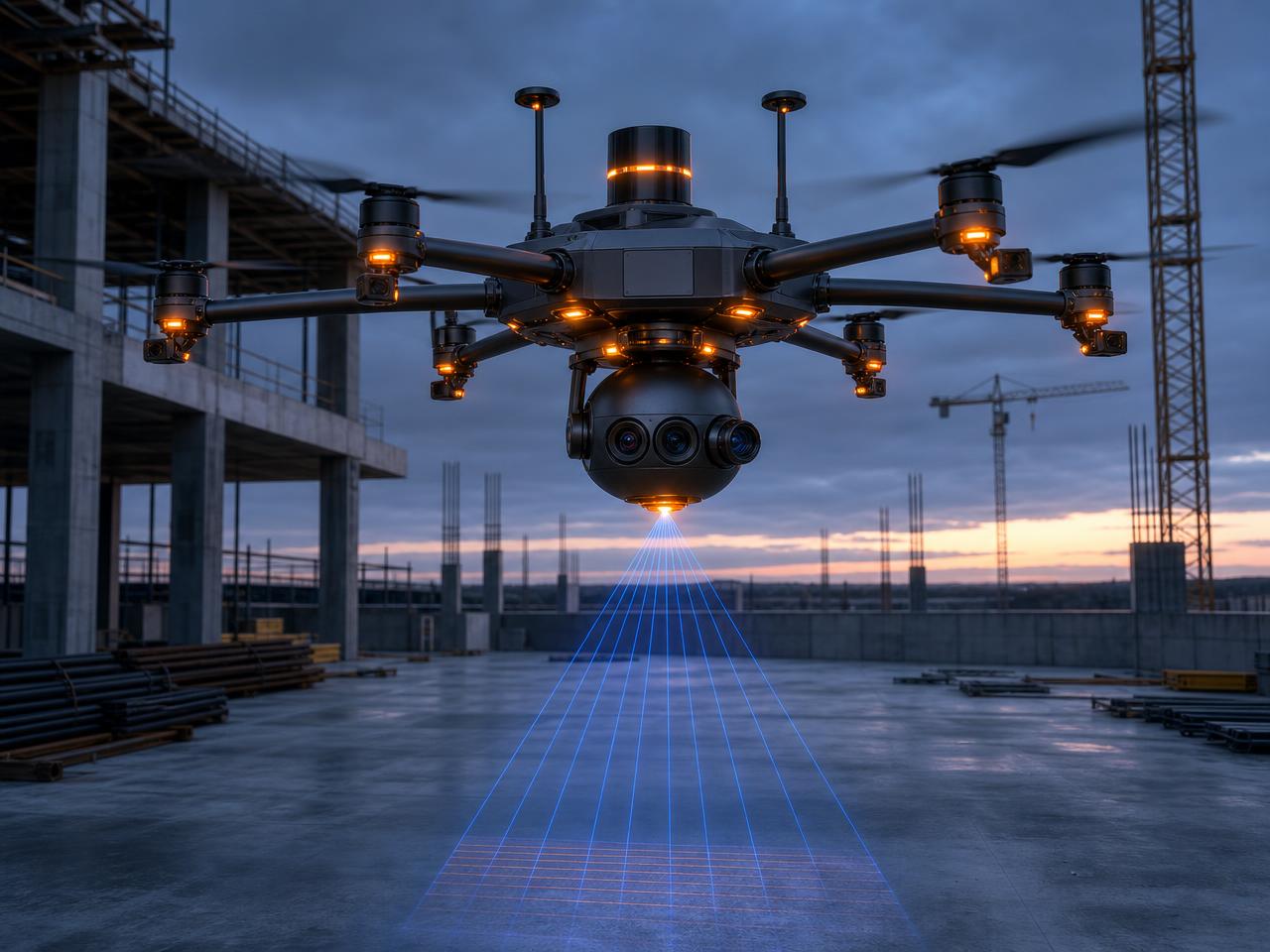 Autonomous multi-sensor inspection drone flying over an empty construction deck at dawn, casting blue laser scan lines
