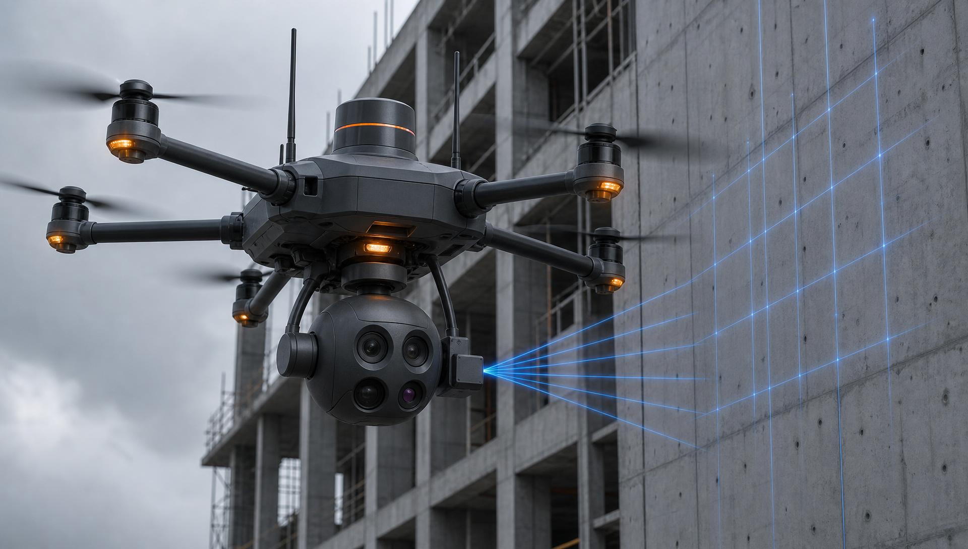 Inspection drone hovering beside the glass facade of a high-rise under construction at sunset