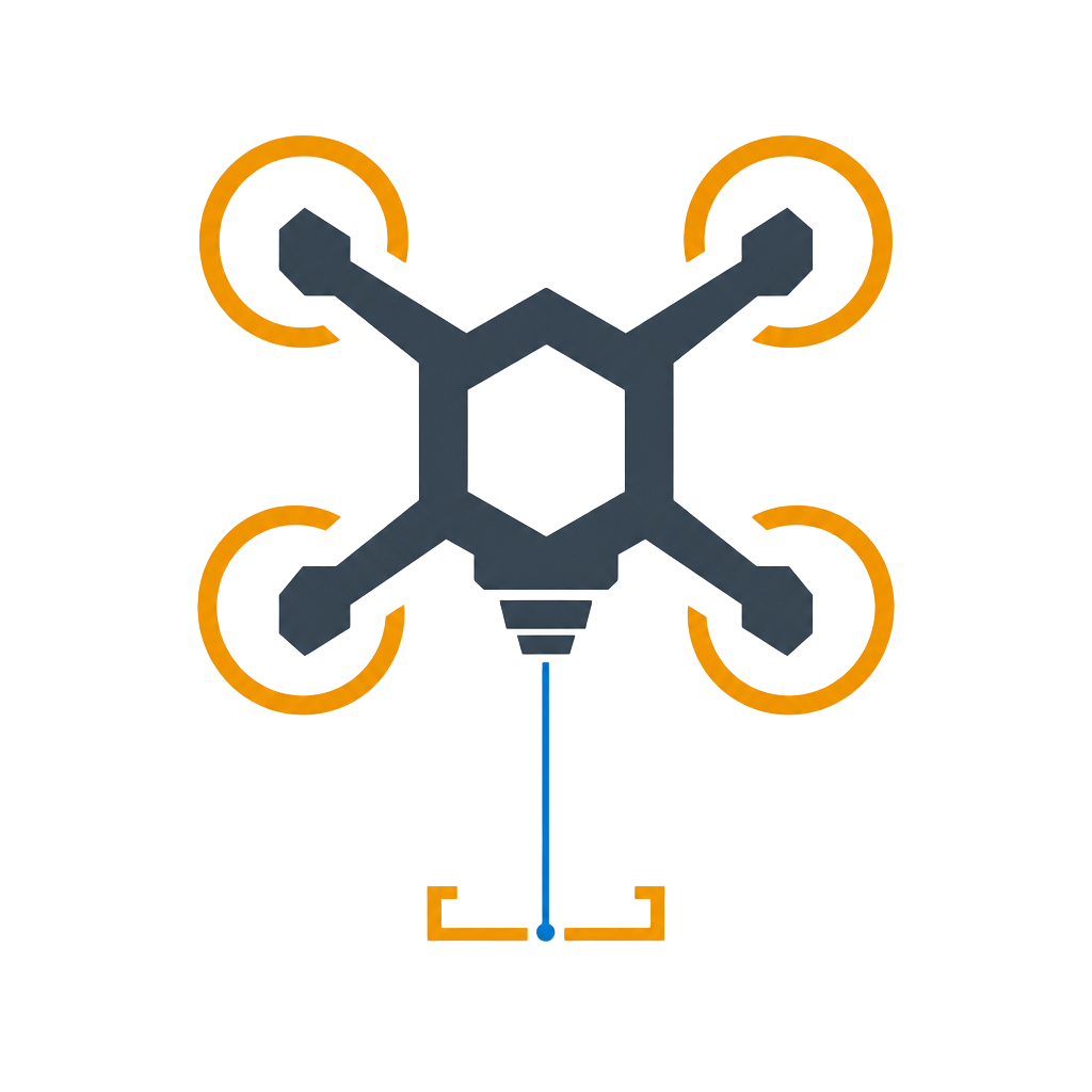 Company logo: quadrotor drone mark projecting a blue laser measurement beam