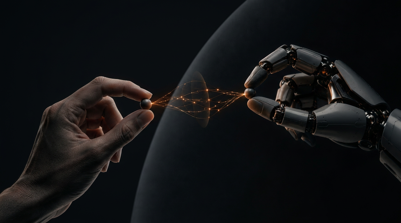 Human and robotic hands connected by a restrained orange signal.